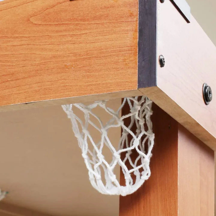 Wooden desk with a basketball hoop attached to the corner