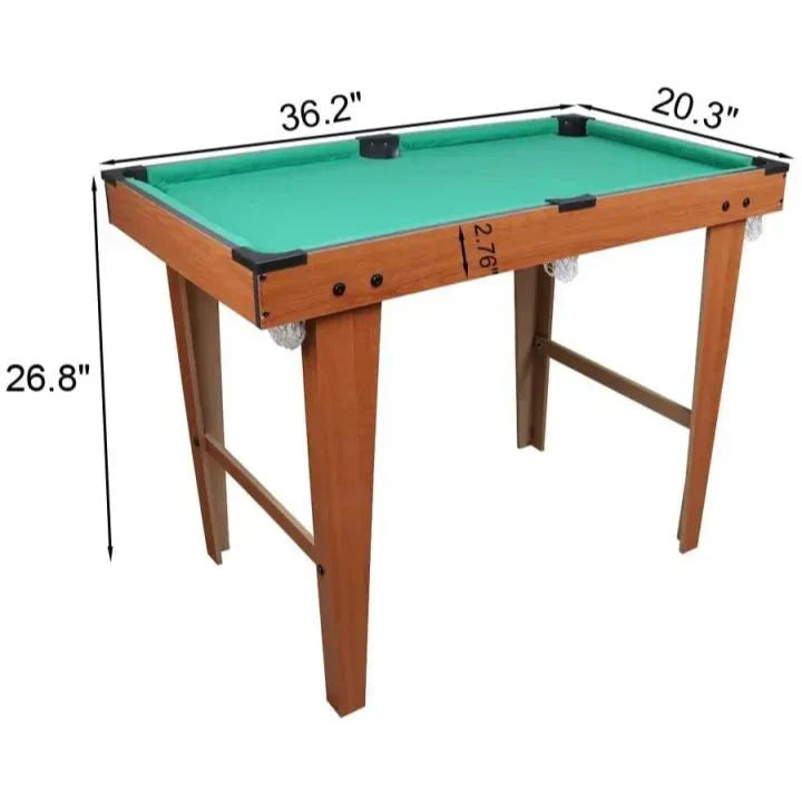 Pool table with dimensions labeled on a white background
