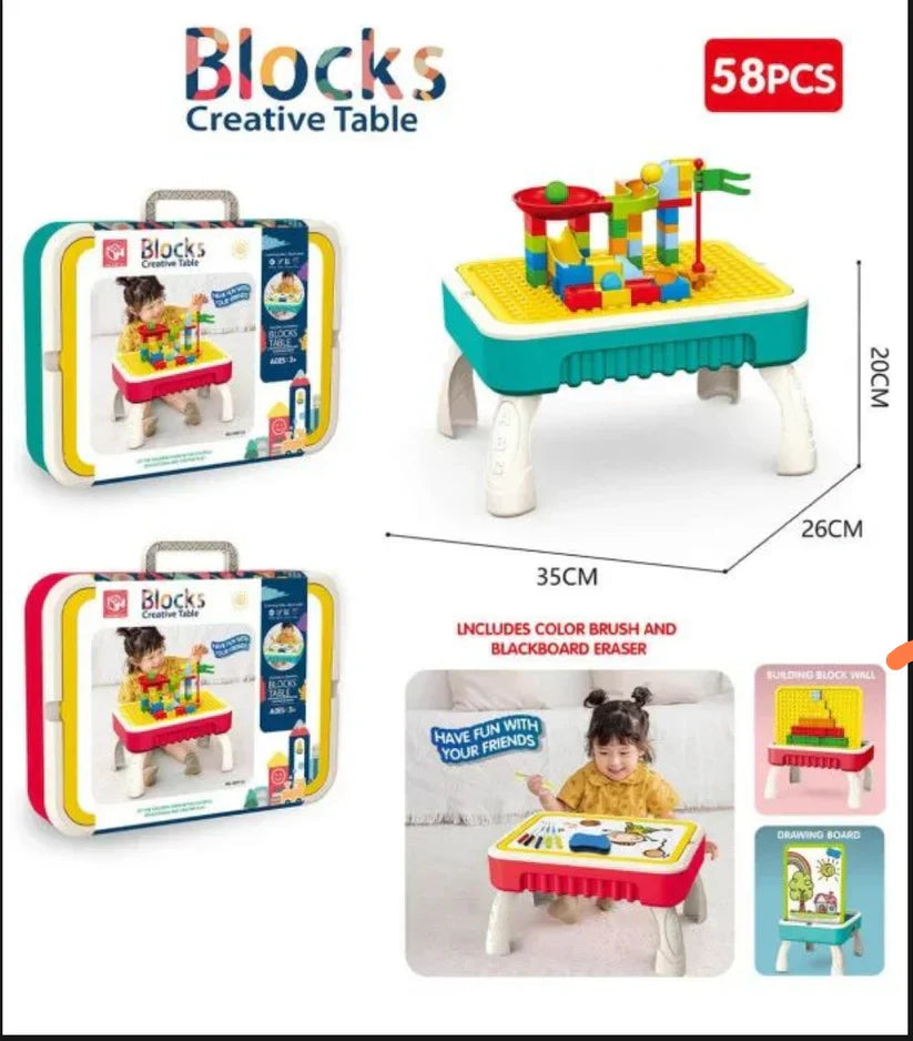 Blocks Creative Table with packaging and dimensions displayed