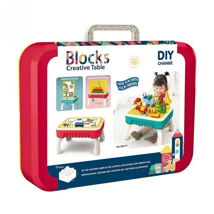Packaging of a Blocks Creative Table with colorful design and images of a child playing.