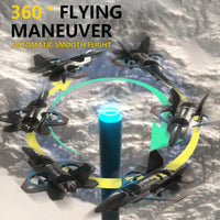 Multiple drones performing a 360-degree maneuver with text indicating 'Automatic Smooth Flight'.