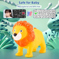 Toy lion with safety features highlighted on a green background