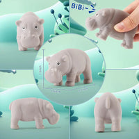 Collage of a small hippo figurine with measurements and a hand holding it, on a light green background.