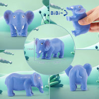 Blue elephant toy with measurements and a hand holding it on a green background