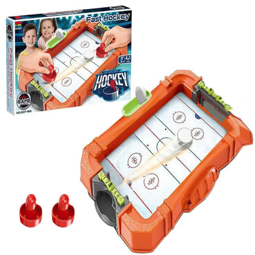 Toy hockey set with orange border, white playing surface, and red pucks on a white background.