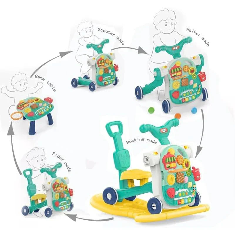 Multifunctional children's toy with scooter, walker, game table, and rocking modes on a white background.