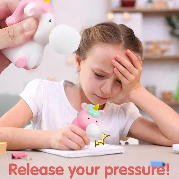 Child playing with a pink fidget toy on a couch, with text highlighting benefits of the toy.