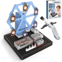 Science experiment kit with blue frame, motors, and electronic components on a white background