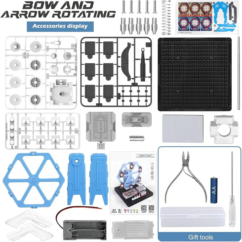 Assorted accessories and tools for a bow and arrow rotating display, including plastic parts and electronic components.