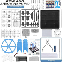 Assorted accessories and tools for a bow and arrow rotating display, including plastic parts and electronic components.