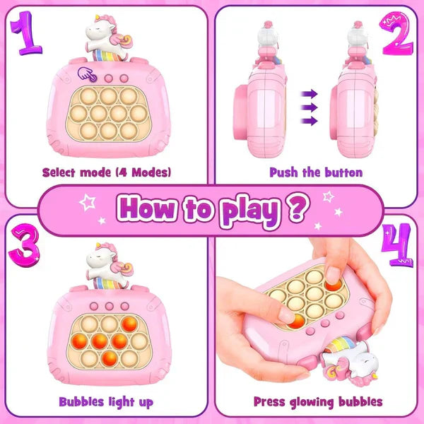 Plush toy with a pink head and red body held by hands against a striped background