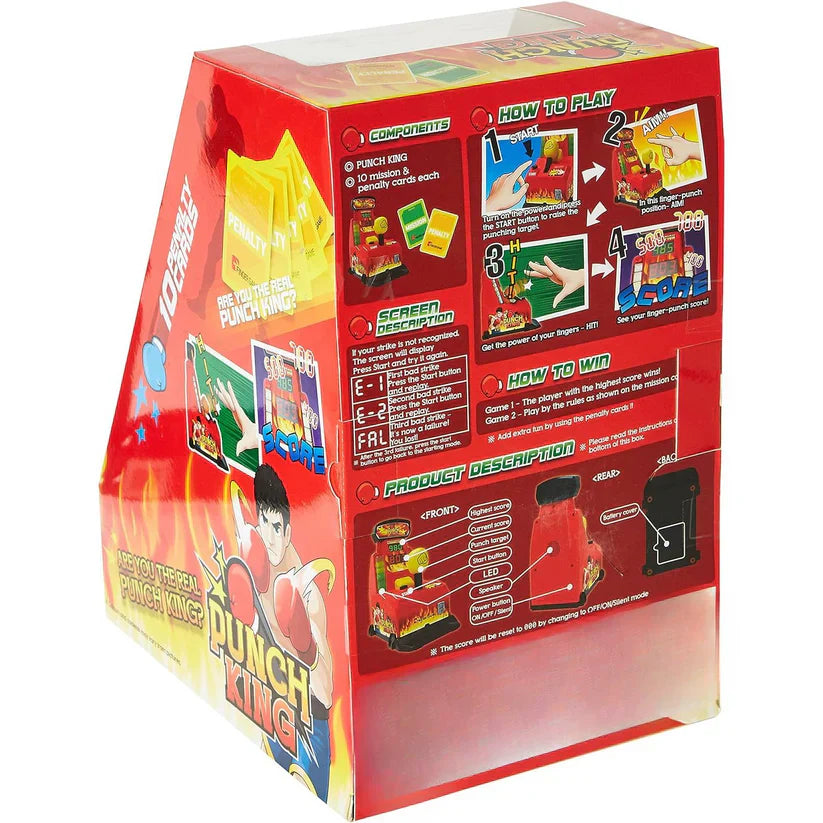 Red toy packaging with instructions and graphics on a white background