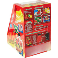 Red toy packaging with instructions and graphics on a white background