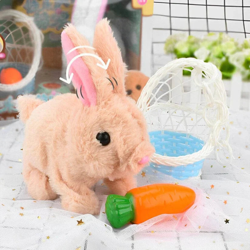 Two plush toys, one pink and one yellow with a chocolate bar, held by hands on a colorful background.