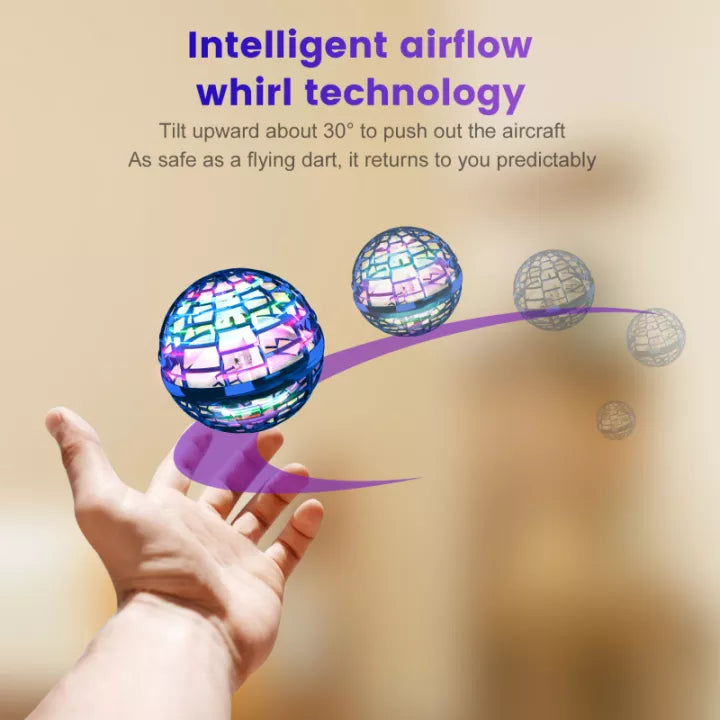 Hand holding a colorful toy with text about intelligent airflow whirl technology on a beige background
