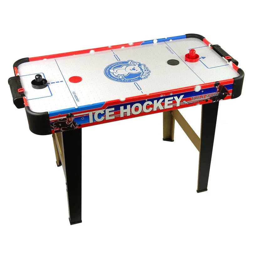 Air hockey table with red, white, and blue design on a white background