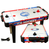 Miniature ice hockey table with red, white, and blue design on a white background
