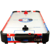 Air hockey table with red, blue, and white design on a white background