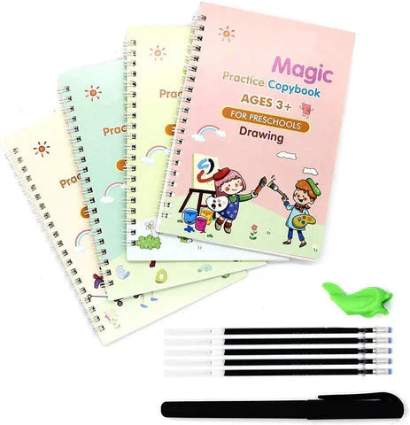 Set of practice copybooks for preschoolers with colorful covers and drawing tools on a white background.