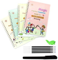 Set of practice copybooks for preschoolers with colorful covers and drawing tools on a white background.