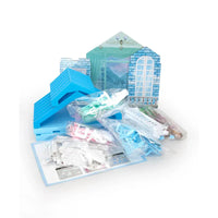 Beige plastic bars on a bed of white ABS plastic granules with text about material properties.