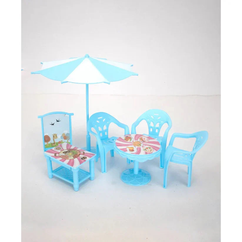 Set of blue plastic outdoor furniture with table and chairs on a white background