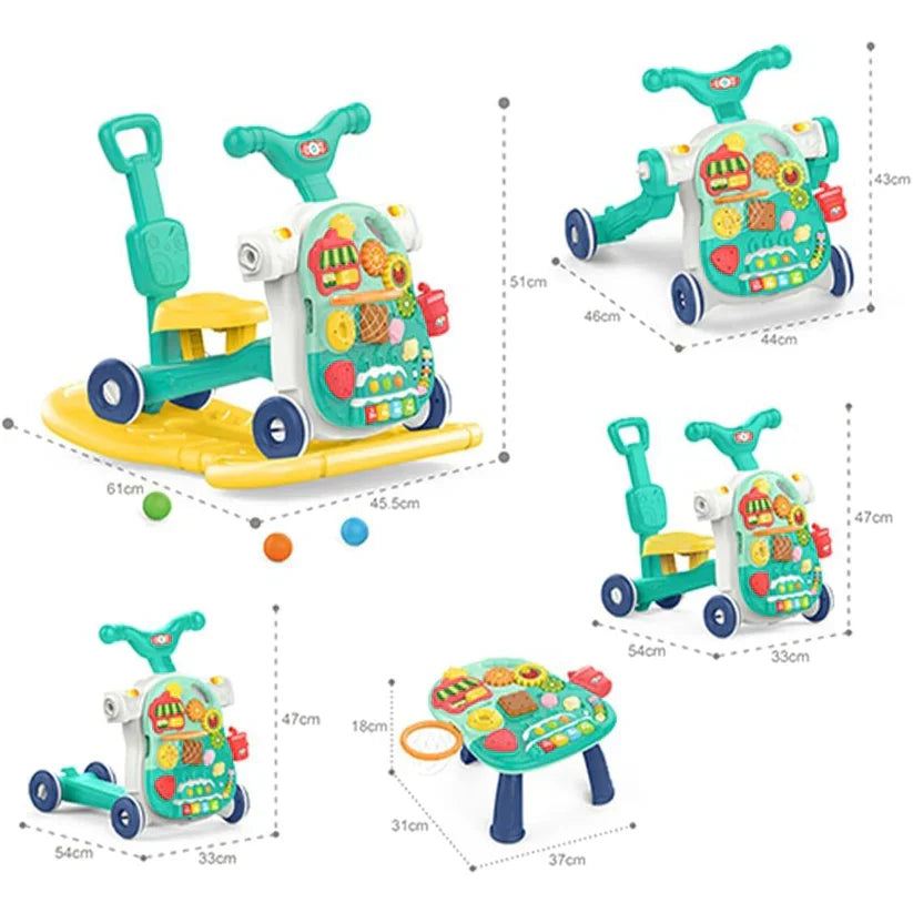 Colorful toy scooter with dimensions displayed on a white background