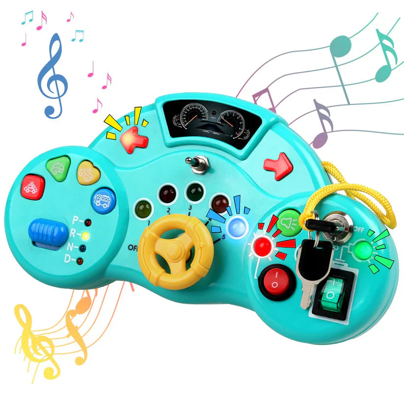 Toy car dashboard with colorful buttons and steering wheel on a white background with musical notes.