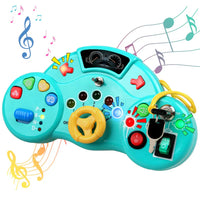 Toy car dashboard with colorful buttons and steering wheel on a white background with musical notes.