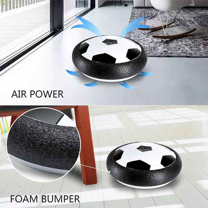 Black and white soccer ball-shaped hoverboard with air power and foam bumper features on a modern living room floor.