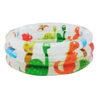 Colorful inflatable pool with dinosaur design on a white background