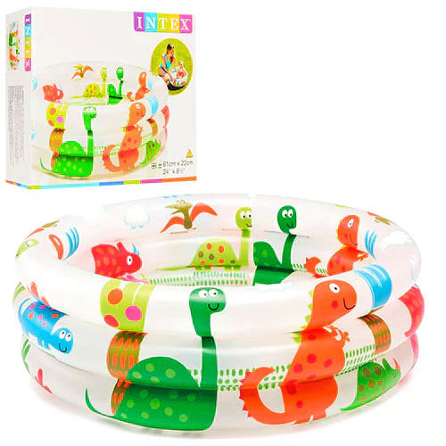 Children's inflatable pool with dinosaur design and Intex packaging in the background