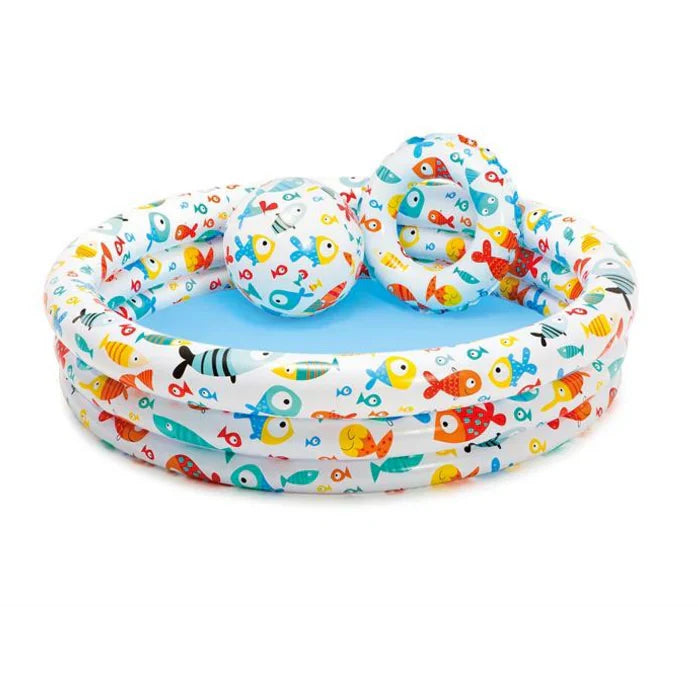 Inflatable pool with colorful toys on a white background