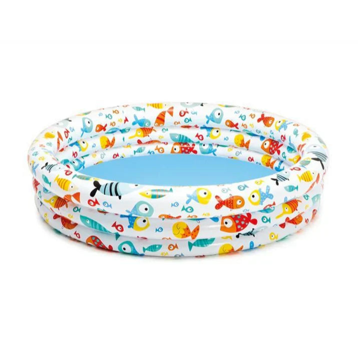Inflatable ring with colorful fruit and flamingo pattern on a white background