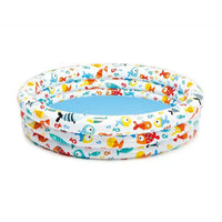 Inflatable ring with colorful fruit and flamingo pattern on a white background