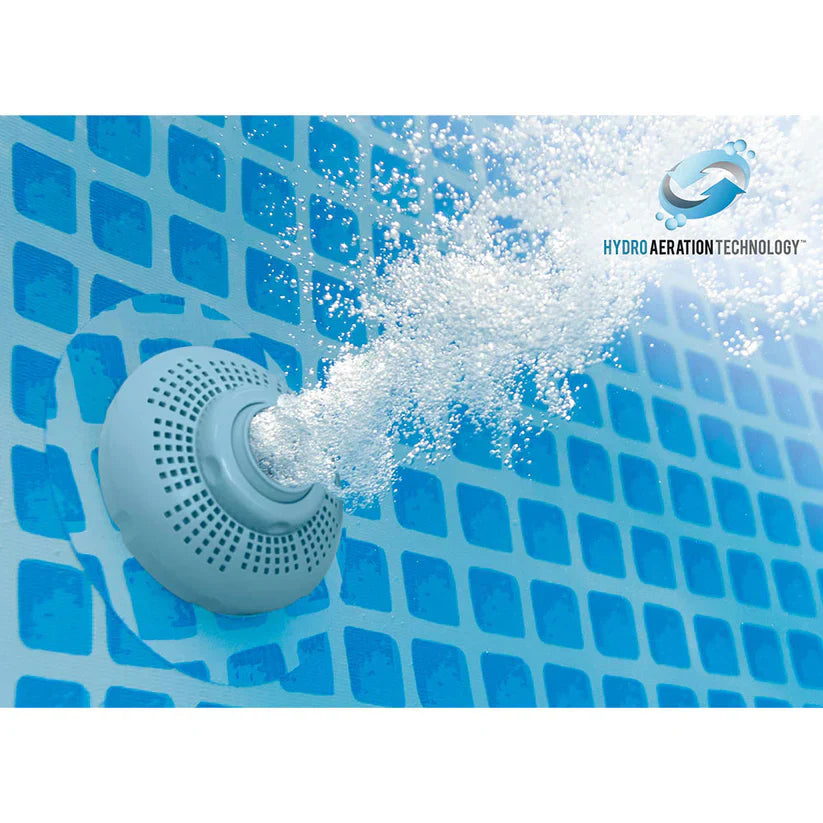 Pool aeration device with water splashing around it, labeled 'Hydro Aeration Technology'.