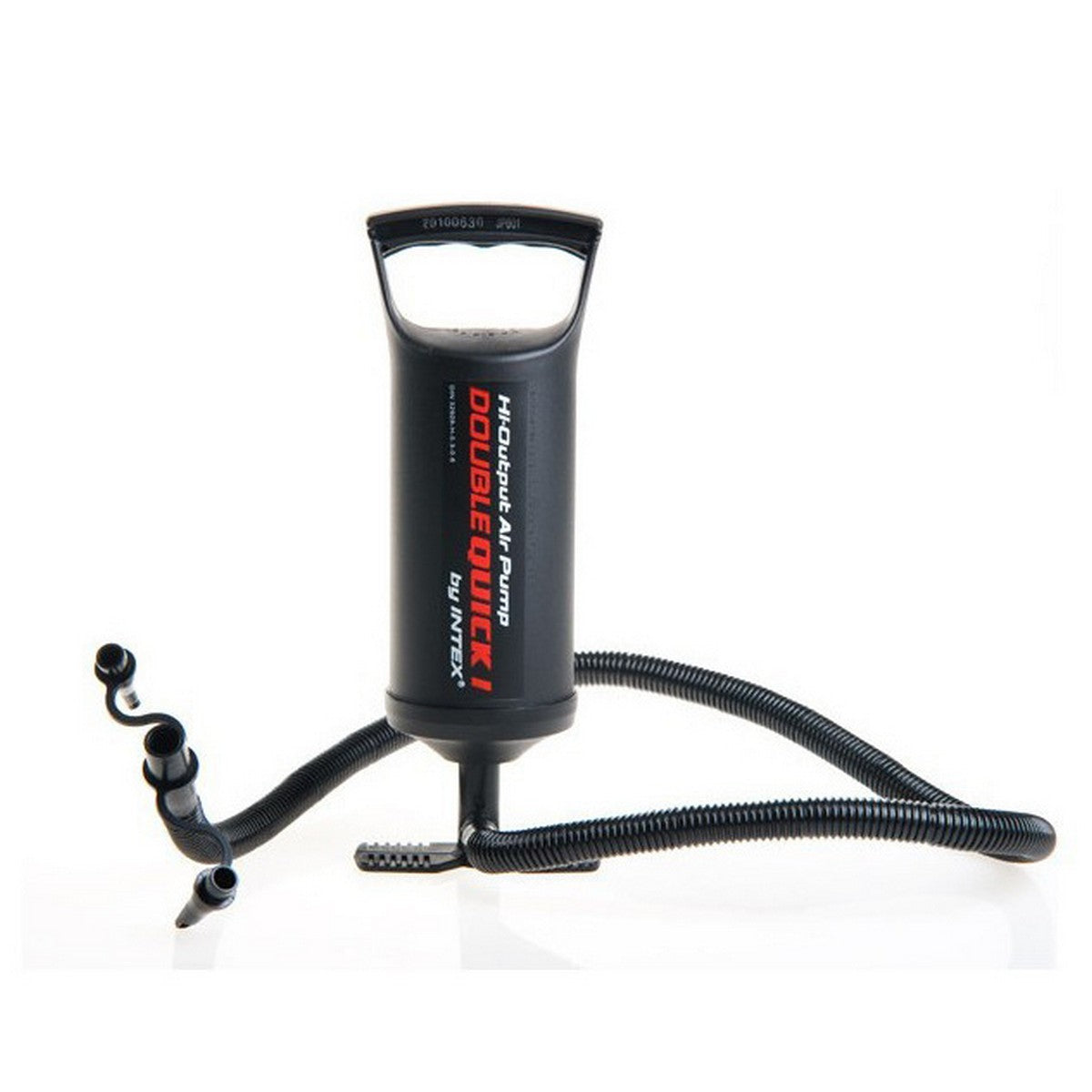 Black double action air pump with hose on a white background