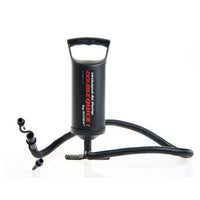 Black double action air pump with hose on a white background