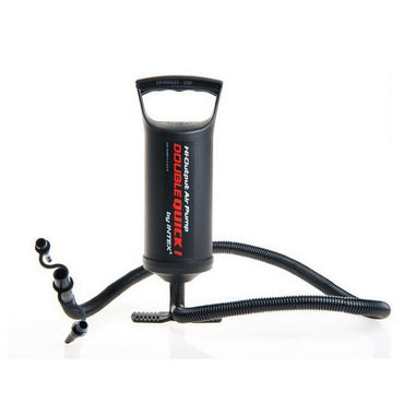 Black double action air pump with hose on a white background