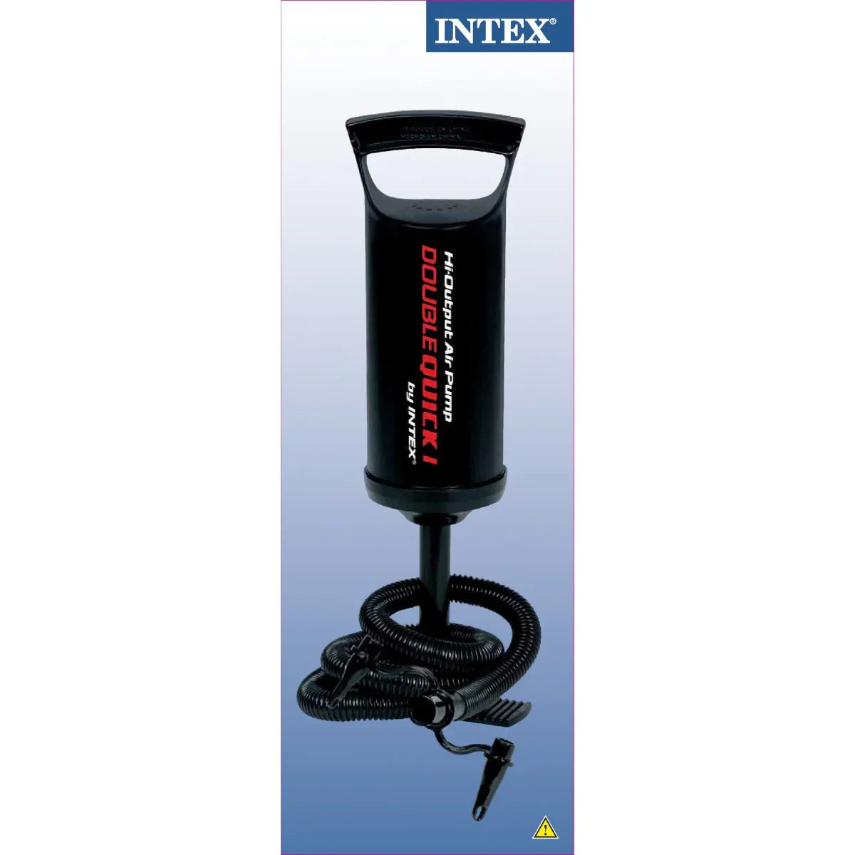 Black handheld pump with coiled hose on a white background, featuring Intex branding.