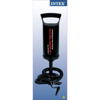 Black handheld pump with coiled hose on a white background, featuring Intex branding.