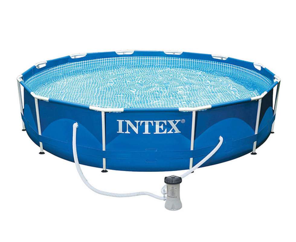 Intex inflatable pool with filter pump on a white background