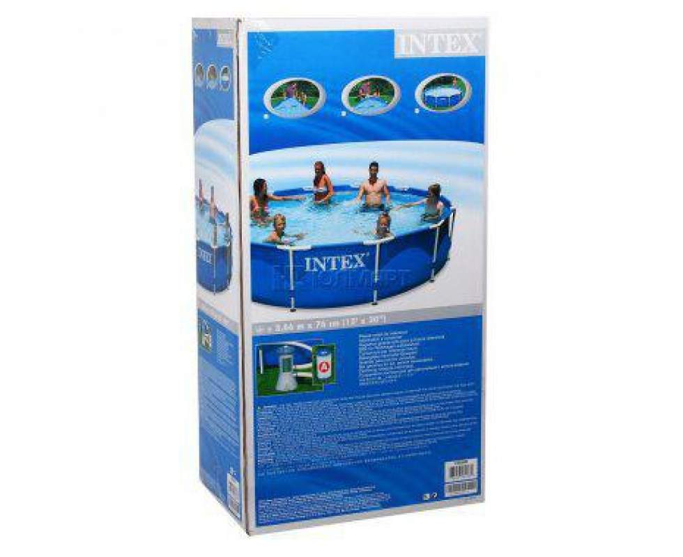 Intex inflatable pool packaging with people enjoying a pool on a white background