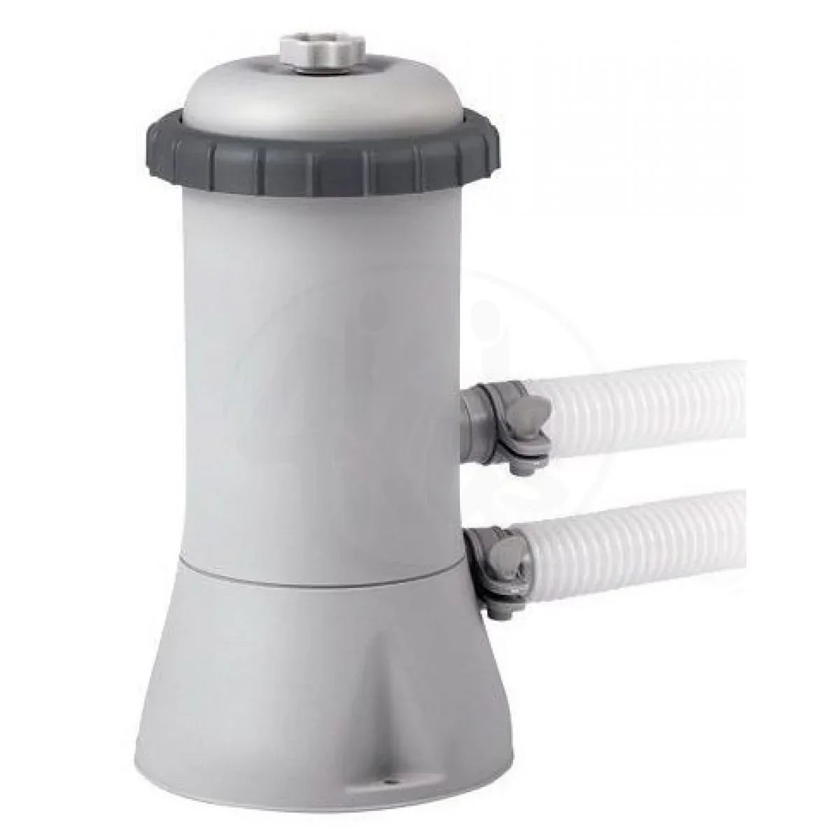 White pool filter with gray top and white hoses on a white background