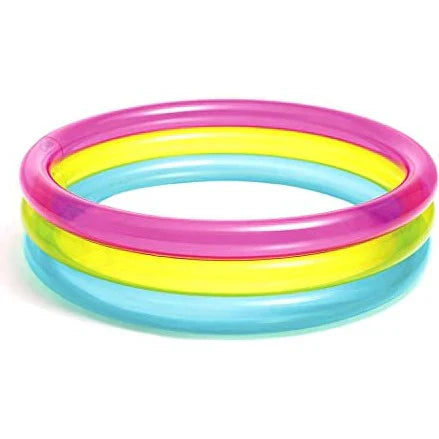 Set of three colorful inflatable rings on a white background