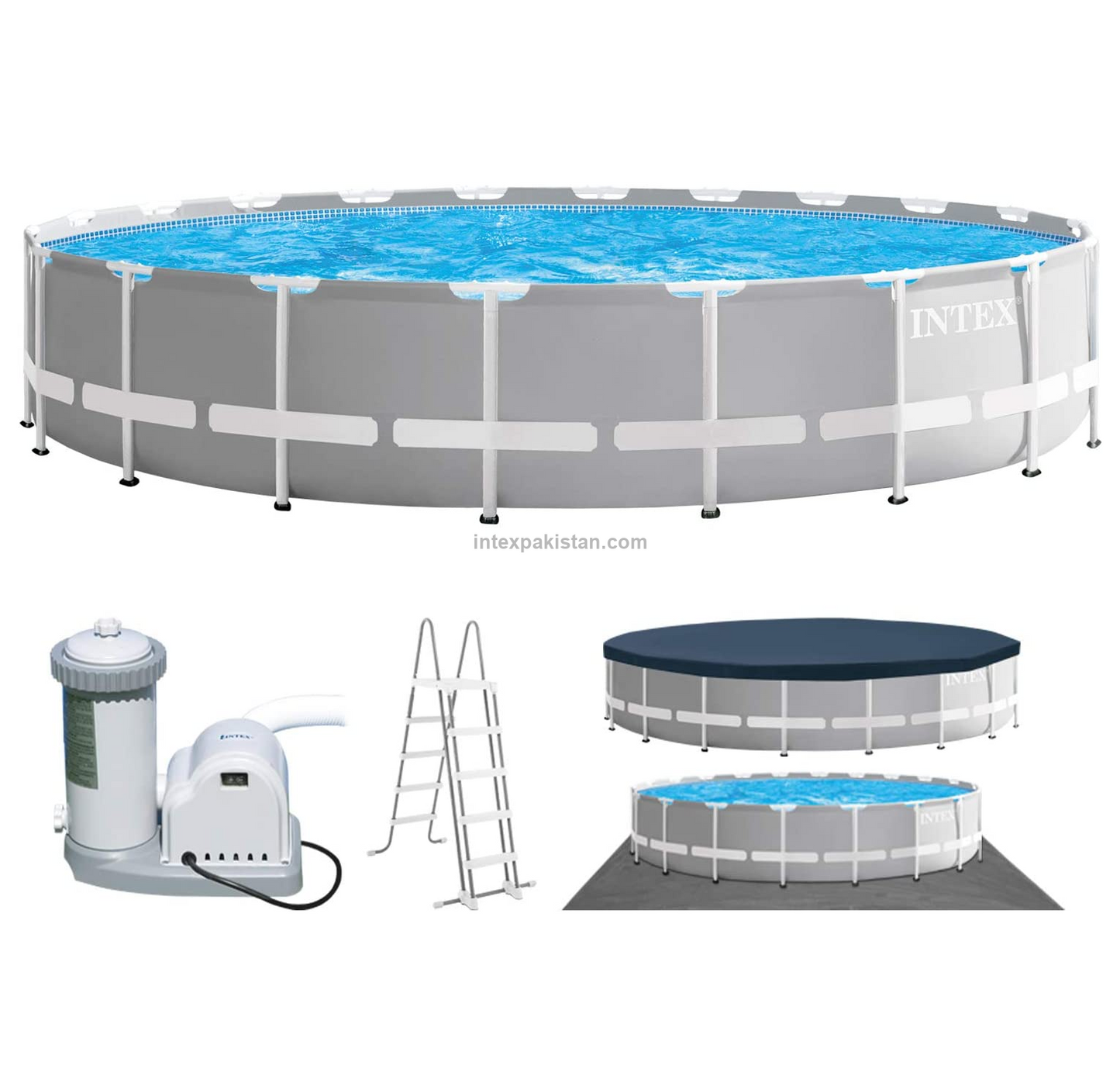 Intex above-ground pool set with filter pump, ladder, and cover on a white background