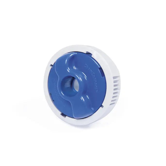 Blue and white cylindrical object on a white background