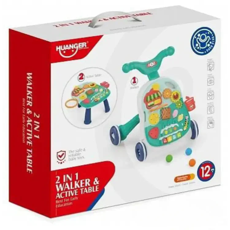 Box of a 2-in-1 walker and active table toy by Huanger on a white background