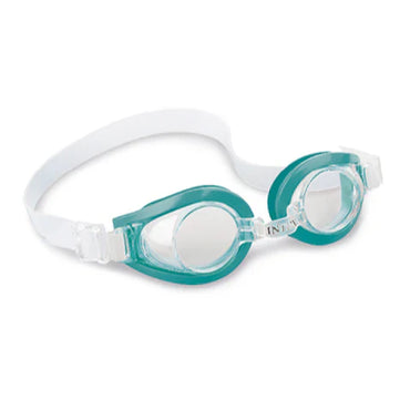 Teal and white swim goggles on a white background