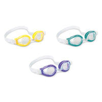 Three pairs of swim goggles in yellow, purple, and teal on a white background
